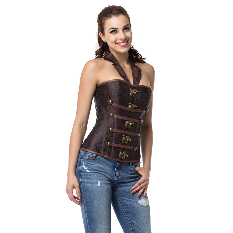 F9083 Brown Collar Zipper Steampunk Corzzet Trainer Overbust Waist Corsets